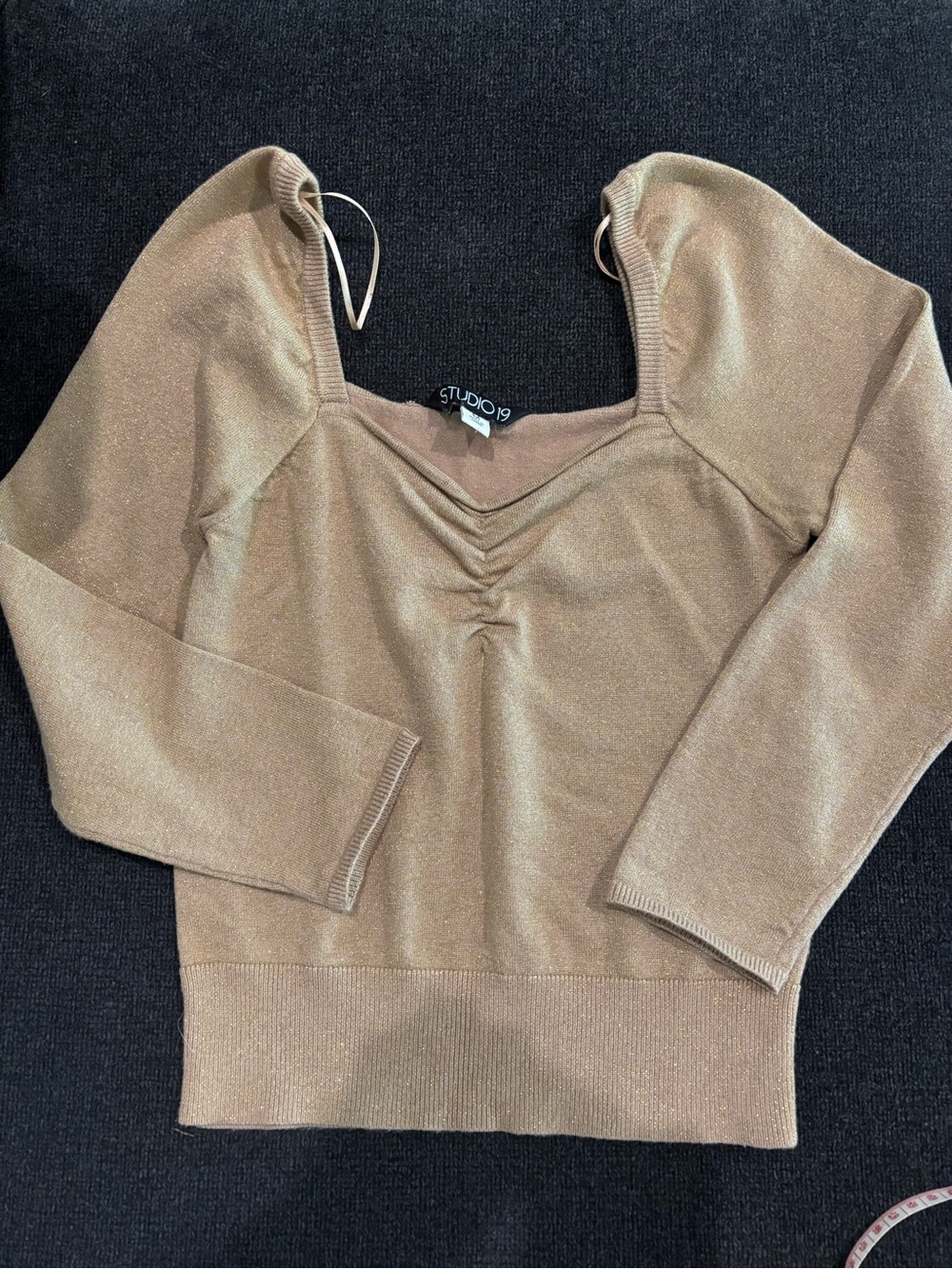 Studio 1940 Shimmery Tan Long Sleeve V-Neck Ruched Top